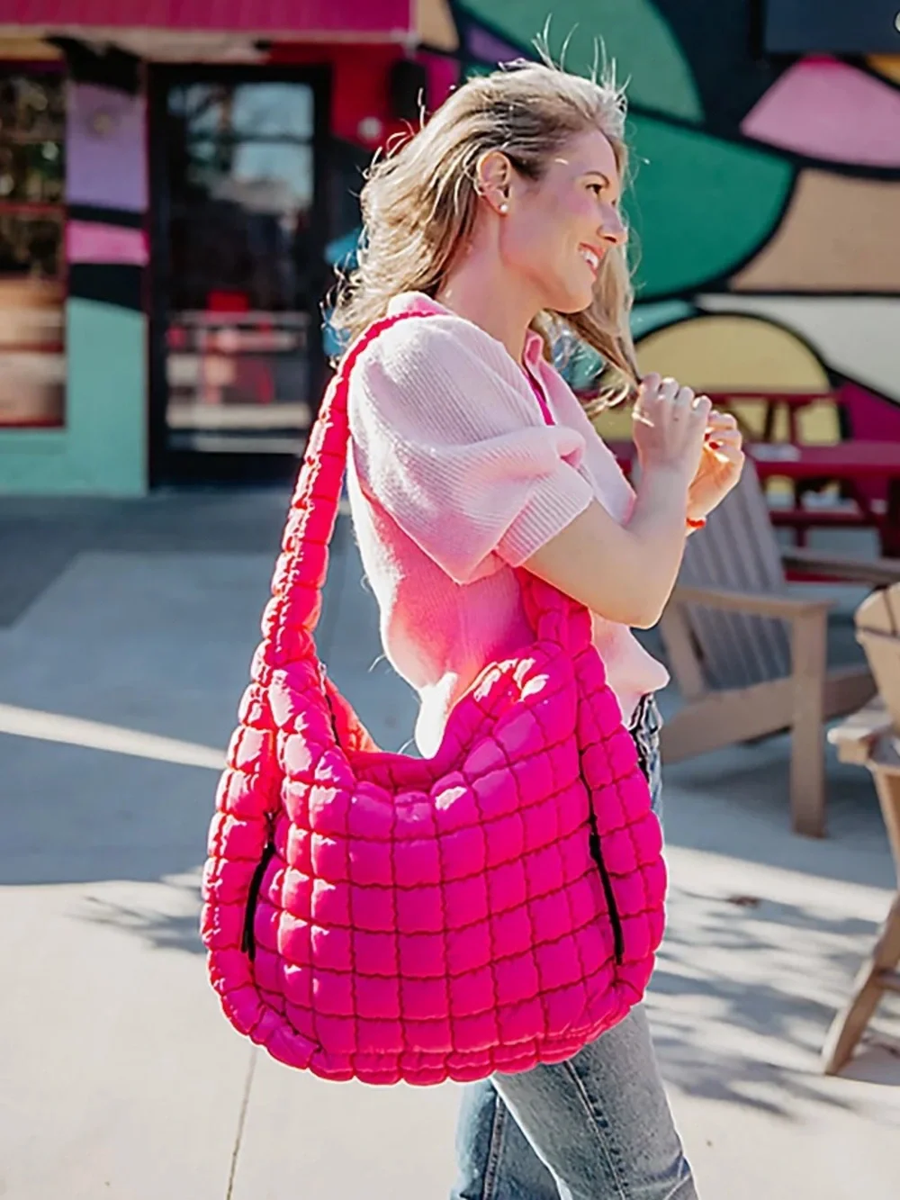 Hot Pink Quilted Puffer Shoulder Bag